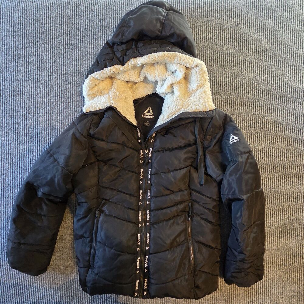 Women's Reebok Black Puffer Faux Fur Hooded Jacket size Large